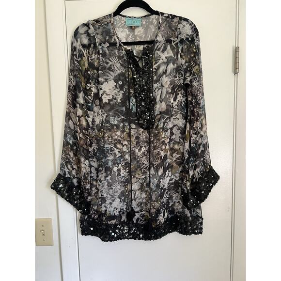 Taj By Sabrina Crippa Women’s Beaded Silk Floral Tunic Top Coverup lace up small - Picture 2 of 8